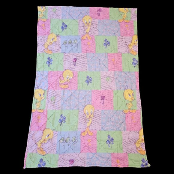 90s Tweety Bird Girls Patchwork Toddler Comforter Coverlet Blanket 37 X 58" USA - Picture 1 of 11